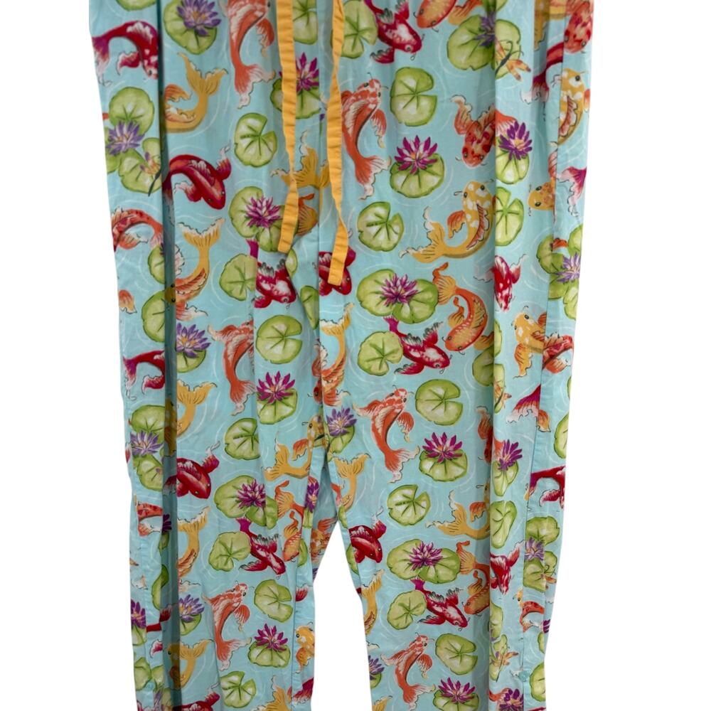 Nick & Nora Koi Fish Water Lily Pajama Lounge Pants Blue 100% Cotton Women's L - Picture 3 of 9